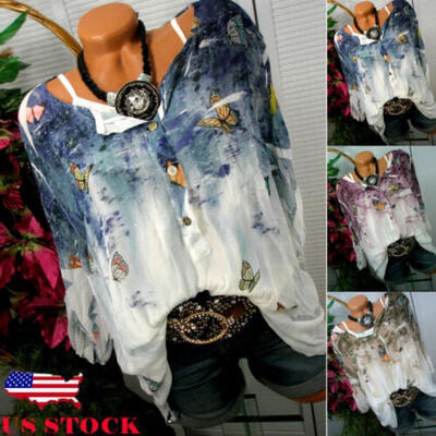 

US Women Fashion Butterfly Printted Long Sleeve Loose T-Shirt Casual Blouse Tops