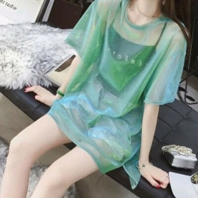 

Women See through Top Sheer Mesh Blouse Long Sleeve Crop Top Glitter T-Shirt