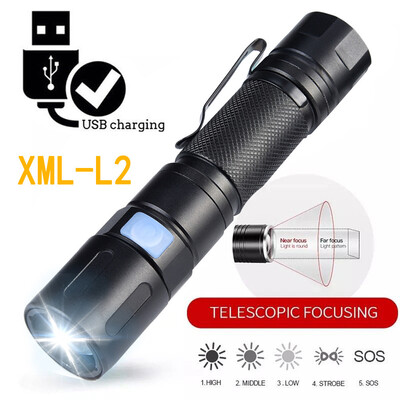 

Saidsome LED XML-L2 Flashlight Zoomable 5 Modes USB Camping Torch Clip flashlight lamp