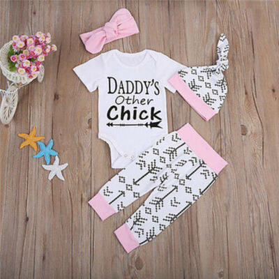 

US Sale Newborn Baby Girl Cotton Pink Tops Romper Pants Headband Hat 4pcs Outfit