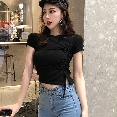 

Womens O Neck Solid Short Sleeve Drawstring Slim T-Shirt