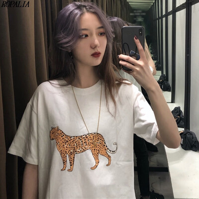 

Womens Korean Style Round Neck Cartoon Cheetah Print Short Sleeve Loose T-Shirt