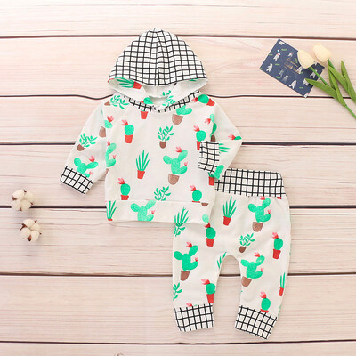 

Newborn Baby Boys Girls Plaid Hoodie Cacti Print Tops Pants Clothes Sets Outfit