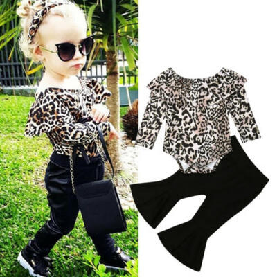 

US Newborn Toddler Kids Baby Girl Leopard Romper Tops Long Pants Outfits Clothes