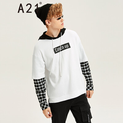 

A21 2018 autumn&winter new mens knitted loose hooded falling shoulder letter printing fake two-piece long-sleeved sweater 4841315000 special white 18596AXXL