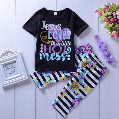 

3PCS Toddler Kids Baby Girls T-shirt Tops Floral Stripe Pants Hairband Outfits1-6Years