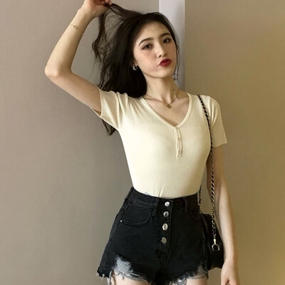

Women V Neck Solid Slim Knitted T-Shirt Pullover Buttons Shirt Casual Short Sleeve T Shirt