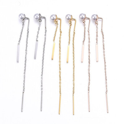 

304 Stainless Steel Dangle Stud Earrings with Acrylic Imitation Pearl Mixed Color 64x4x8mm