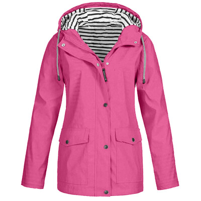 

Roseonmyhand Women Solid Rain Jacket Outdoor Plus Size Waterproof Hooded Raincoat Windproof