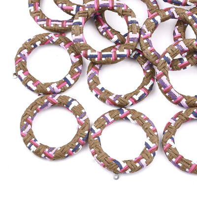 

Handmade Raffia Woven Pendants with Iron & Aluminum Findings Ring Platinum SaddleBrown 41x38x5mm Hole 14mm