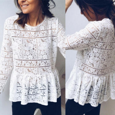 

Women Girls Lace Top Long Sleeve Crew Neck Transparent T-Shirt Blouse Tee Tops