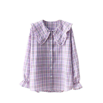 

Women Plaid Shirt Long Sleeve Spring Tops Ladies Loose Doll Collar Trumpet Sleeve Casual Women Tops And Blouses