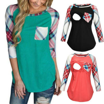 

US Women Maternity Breastfeeding Tops Long Sleeve Nursing Plaid Blouse T-shirt