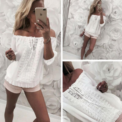 

US Ladies White Blouse T-Shirt Women Sexy Half Sleeve Fit Off Shoulder Lace Tops