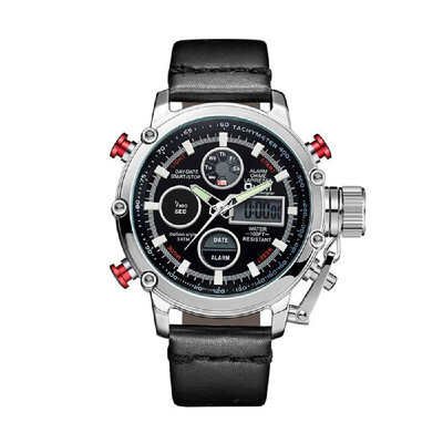 

Oulm Multifunction Men Sport Quartz Watches Fashion Leather Band Wristwatch Analog Digital Dual Display Calendar Date Alarm Watche