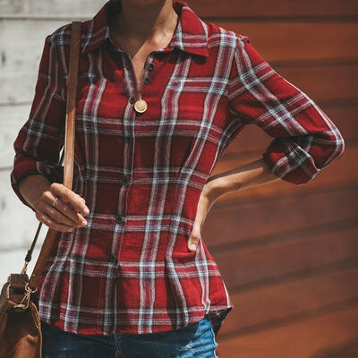 

Autumn Fashion Lapel Long-sleeved Plaid Shirt Womens Single-breasted Plaid Shirt