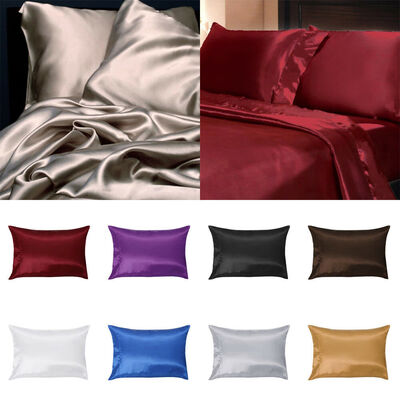 

1Pair Solid Silk Pillow Case Cushion Cover Pillowcase Standard Queen Size