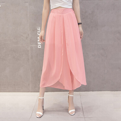 

Tailored Women Summer Solid Chiffon Flare Elastic High Waist Wide Leg Pants Plus Size