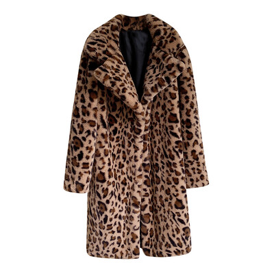 

Toponeto Women Fashion Autumn Leopard Print Loose Medium Long Windbreaker Lamb Coat