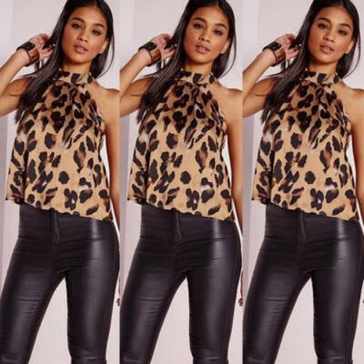 

Fashion Leopard Women Halter Off Shoulder Tank Top Casual Blouse Vest O Neck T-Shirt Top