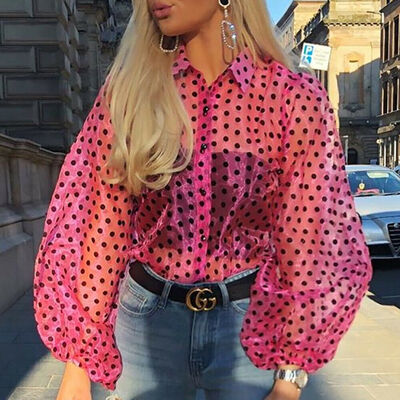 

Women Polka Dot Sheer Tee Casual Lady Button T-shirts Mesh Puff Sleeve Blouse