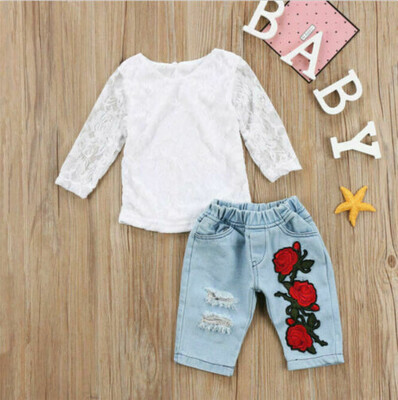 

Newborn Kids Baby Girls 3D Flower Tops Lace Shirt Denim Pants Outfit htrghh
