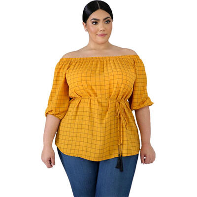 Fashion Women Off Shoulder Half Sleeve Plaid Print Pullover Bandage Blouse