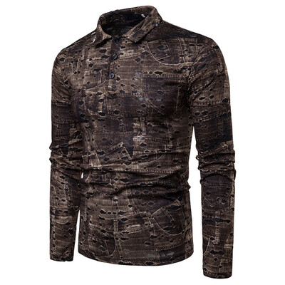 

Mens Long Sleeve T Shirt Modal fibre Shirts Casual broken hole Lapel Neck Tops
