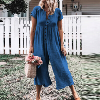 

Starmoon Women Fashion Casual Button Loose Solid Short Sleeve Playsuit Long Jumpsuits