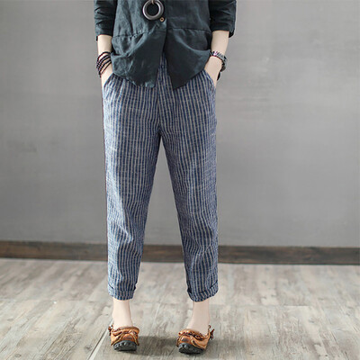 

Tailored Women Casual Plus Size Cotton Linen Striped Ankle-Length Wide Leg Pants Trousers