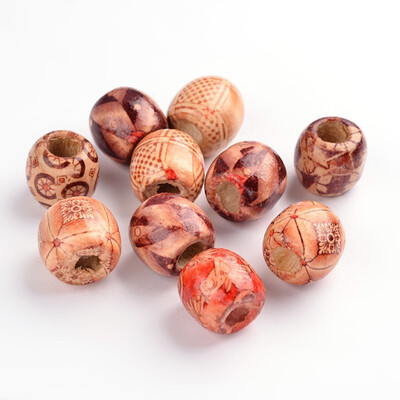 

PH PANDAHALL 50Pcs Large Hole Printed Barrel Wooden Beads Mixed Jewelry Craft Making