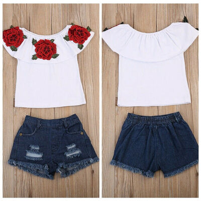 

2PCS Outfits Toddlers Baby Girls Kids Summer Strapless Rose T-shirt Denim Shorts