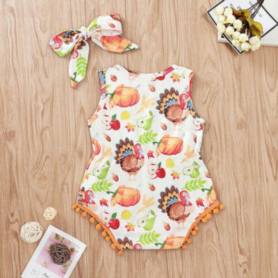 

2PCS Newborn Baby Girl Turkey&Pumpkin Printed Romper Bodysuit Jumpsuit Outfits