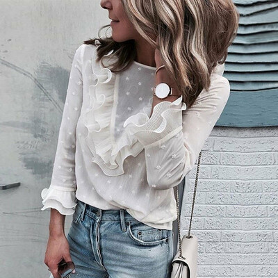 

Womens Boho Beach Ruffle Frill Polka Dot Tops Blouses Long Sleeve Blouse