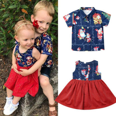 

USA Christmas Baby Boys Girls Brother Sister Matching Clothes Shirt Dress Outfit