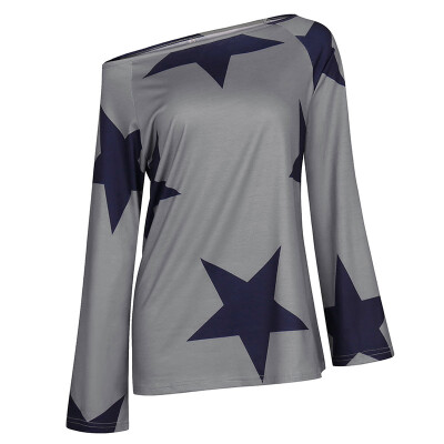 

Womens Casual All-match Cool Style T-shirt Top Long Sleeves Big Round Collar Stars Print T-shirt Top