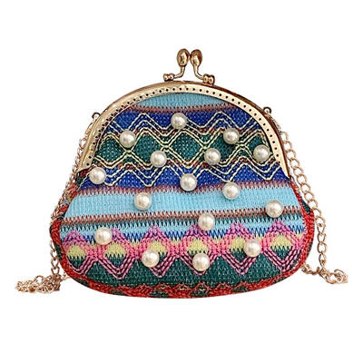 

Ethnic Woven Pearls Decor Shoulder Handbags Women Small Chain Crossbody Bag