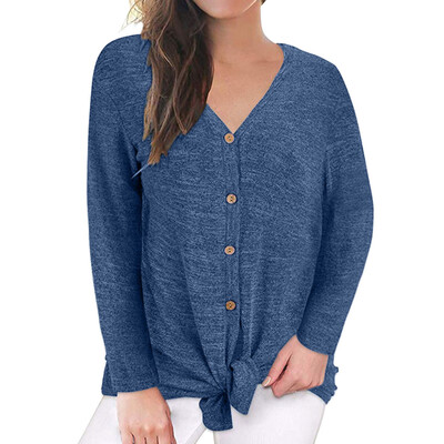 

Nomeni Womens V-Neck Long Sleeves Button Down Tie Front Knot Casual Loose T-Shirt Tops