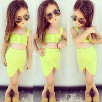 

2015 Kids Girls Tops Skirts 2Pcs Summer Beach Dress Swimwear Outfits Set 2-8Y