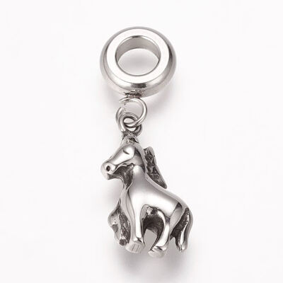 

304 Stainless Steel European Dangle Beads Large Hole Pendants Antique Silver Chinese Zodiac Horse 26mm