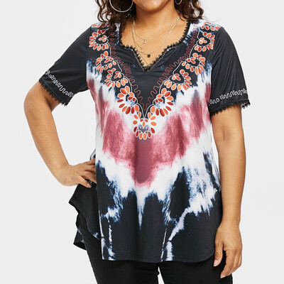 

Roseonmyhand Womens Fashion Casual Plus Size Tie dyeing Print Lace T-shirt Short Sleeve Tops