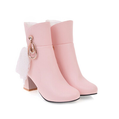 

IDIFU Womens Sweet Rhinestone Lace Block Medium Heel Ankle Booties Round Toe Side Zipper Short Boots