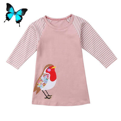 

New Toddler Baby Girls Kids Autumn Clothes Long Sleeve Party Bird Pink Dress