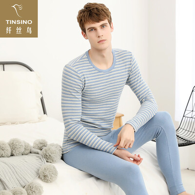 

Filament bird TINSINO thermal underwear close to men&women round neck stripes slim thick couple models autumn clothing long pants set horizontal strips sleepy blue XXL