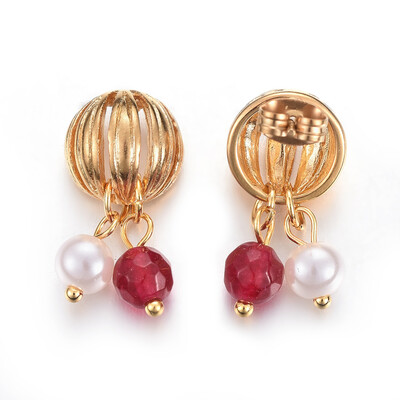 

304 Stainless Steel Dangle Stud Earrings with Acrylic Beads&Gemstone Beads Round Golden 24x12mm Pin 08mm 6pairscard
