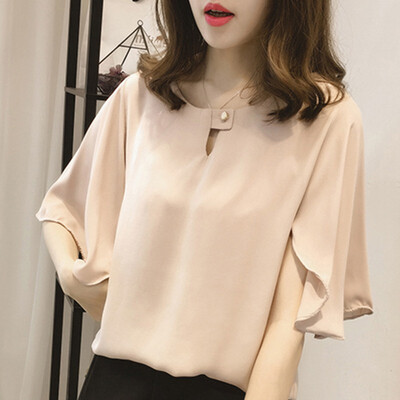 

Flare Half Sleeve Solid Color Chiffon Shirt Summer Women Loose Bottoming Shirt