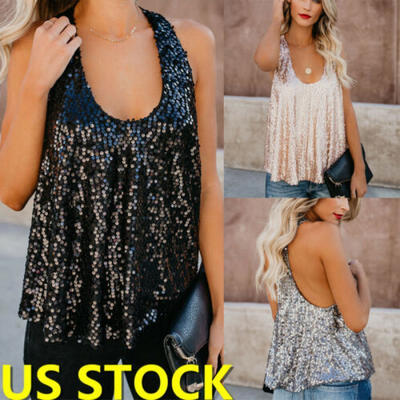 

Sequin Tank Top Blouse Womens Paillette Camisole Bling Sleeveless Vest Tops USA