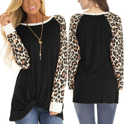 

Womens Leopard Long Sleeve Loose Blouse Ladies Casual T-Shirt Tops Shirts 6-16