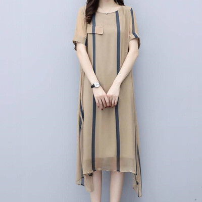 

Women Striped Dress Sexy O Neck Short Sleeve Dresses Vintage Casual Loose Midi Dress