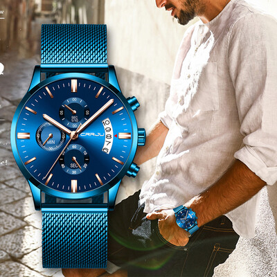 

Gobestart CRRJU Mens Watch Waterproof Calendar Steel Mesh with Chronograph Quartz Watch